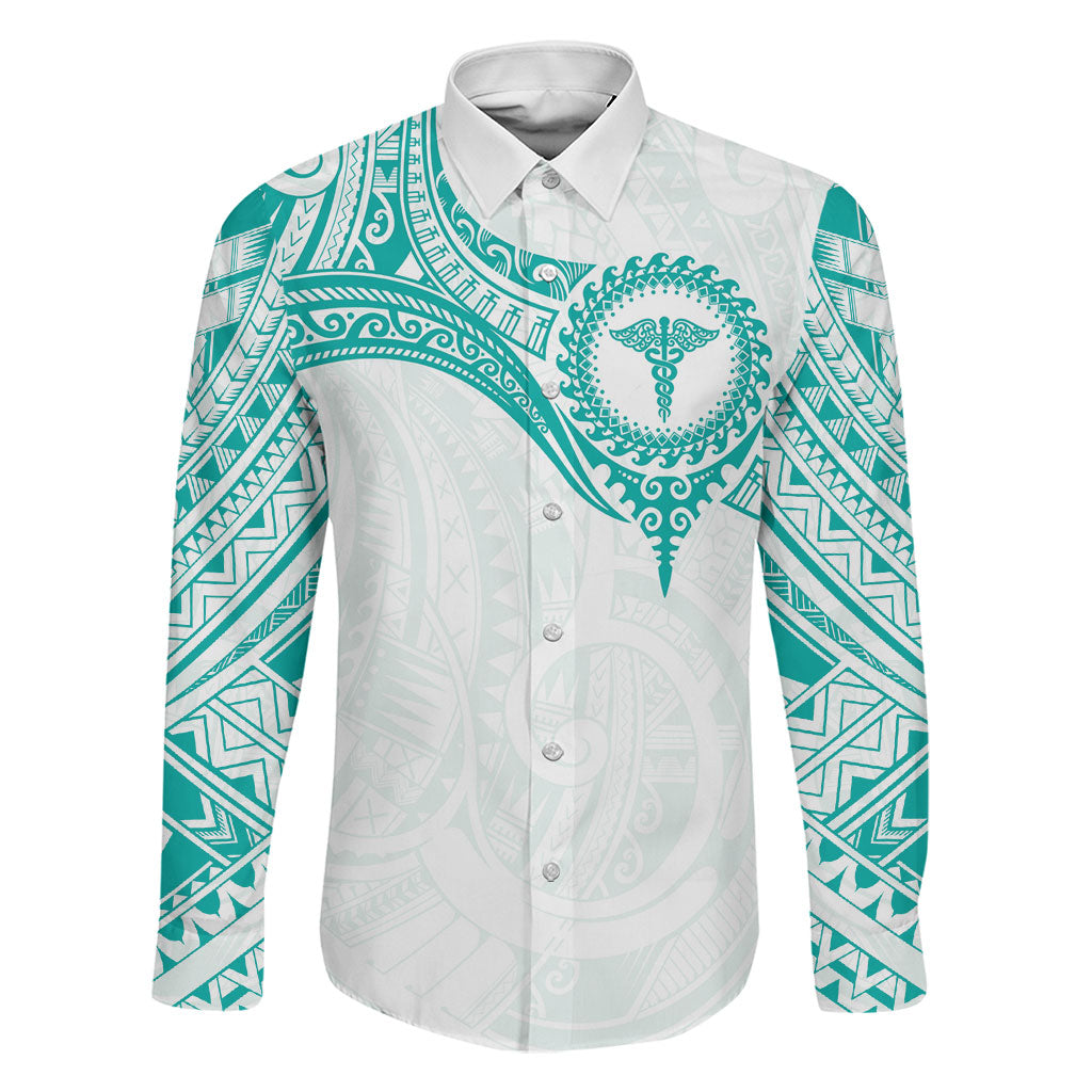 Personalised New Zealand Aotearoa Family Matching Mermaid Dress and Hawaiian Shirt Nurse Tribal Teal Version LT05 Dad's Shirt - Long Sleeve Teal - Polynesian Pride