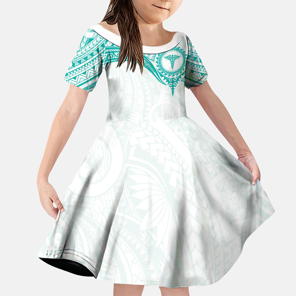 Personalised New Zealand Aotearoa Family Matching Off Shoulder Maxi Dress and Hawaiian Shirt Nurse Tribal Teal Version LT05 Daughter's Dress Teal - Polynesian Pride