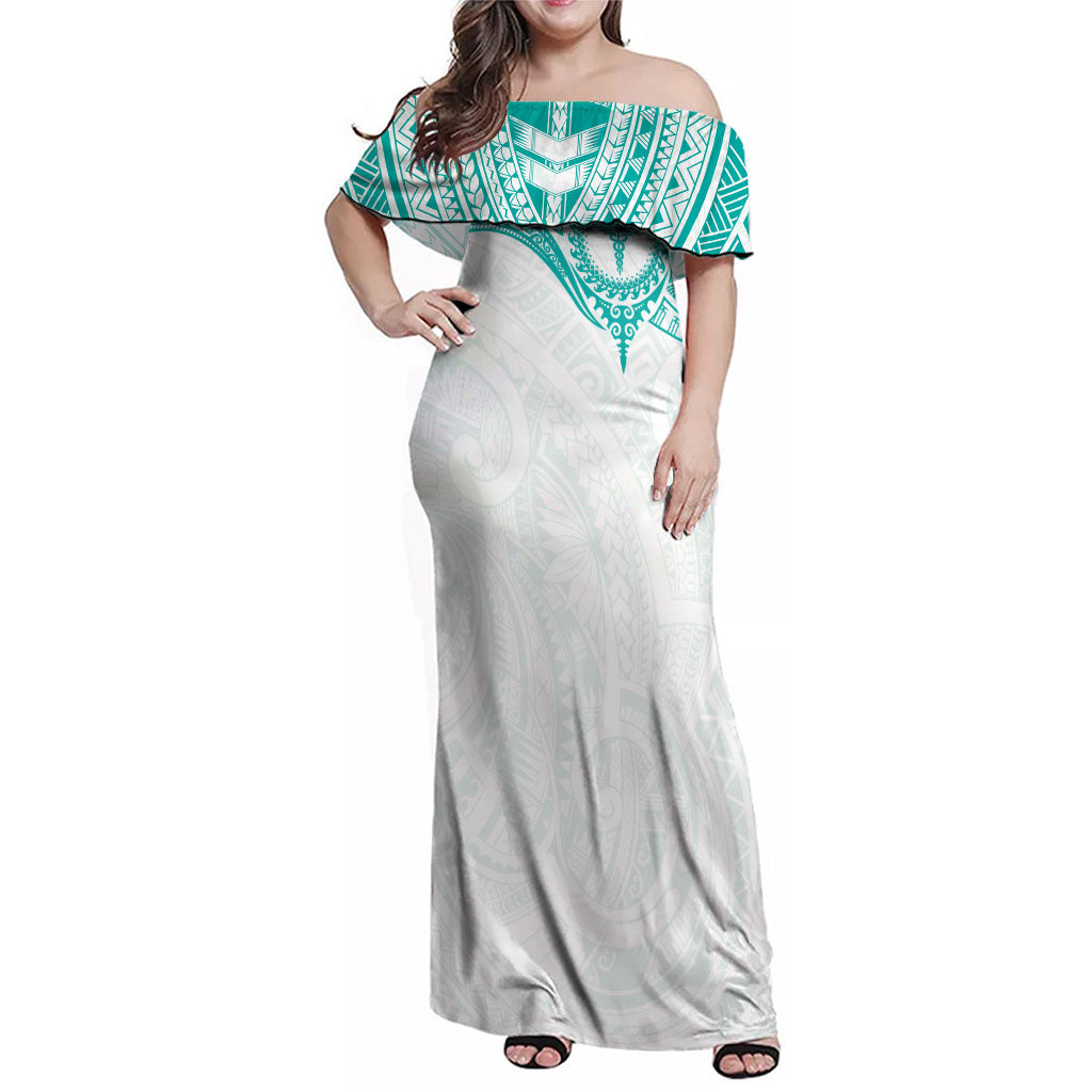 Personalised New Zealand Aotearoa Family Matching Off Shoulder Maxi Dress and Hawaiian Shirt Nurse Tribal Teal Version LT05 Mom's Dress Teal - Polynesian Pride