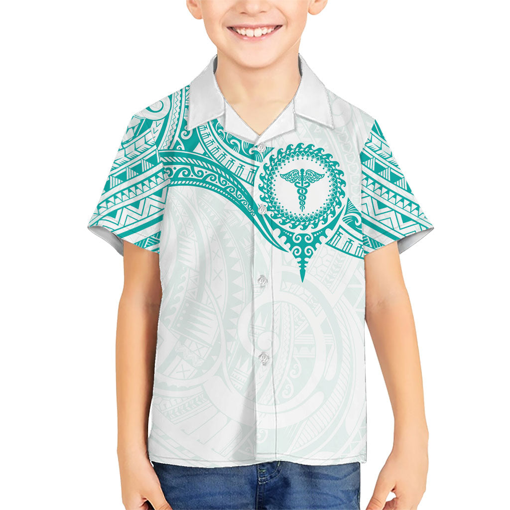 Personalised New Zealand Aotearoa Family Matching Off Shoulder Maxi Dress and Hawaiian Shirt Nurse Tribal Teal Version LT05 Son's Shirt Teal - Polynesian Pride