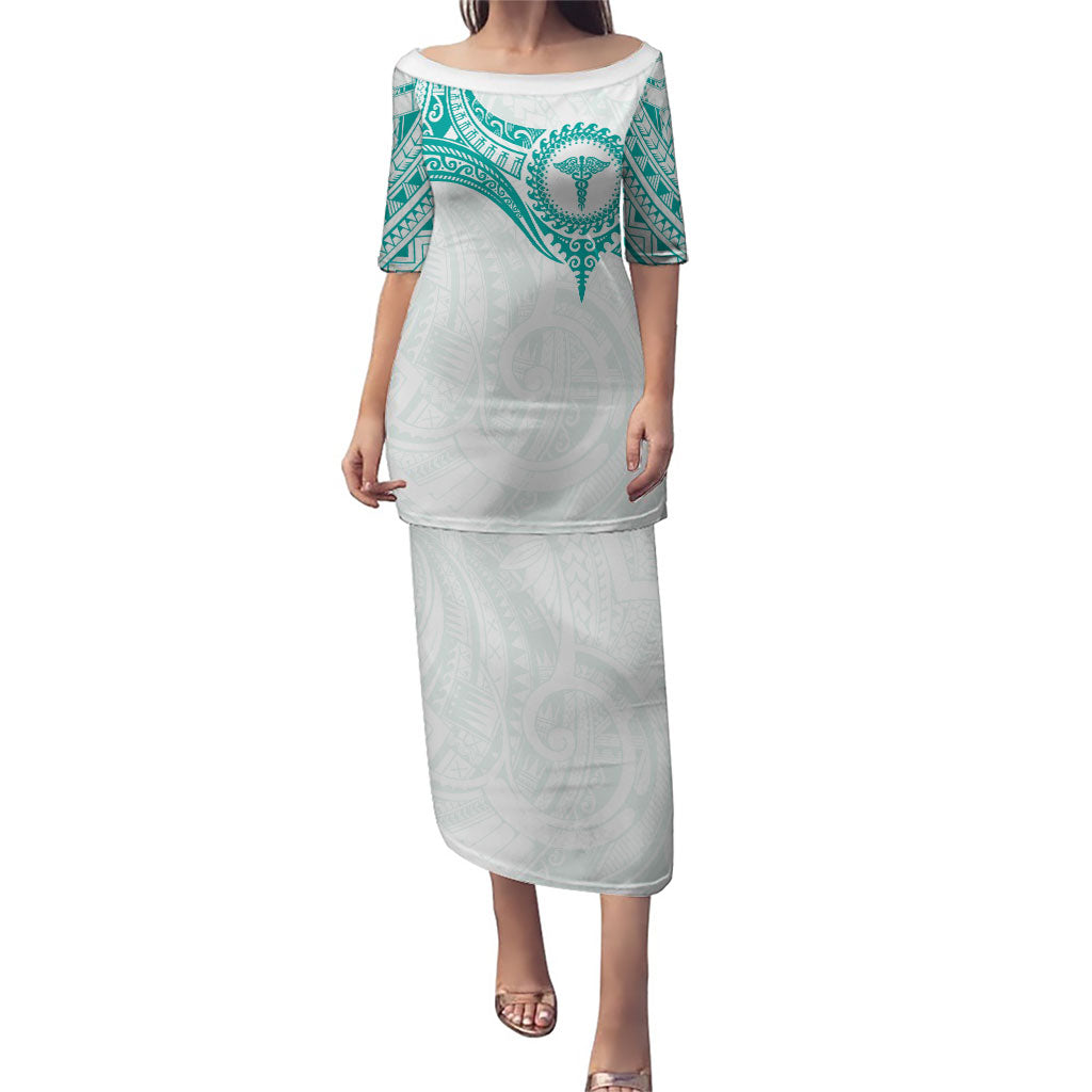 Personalised New Zealand Aotearoa Family Matching Puletasi and Hawaiian Shirt Nurse Tribal Teal Version LT05 Mom's Dress Teal - Polynesian Pride