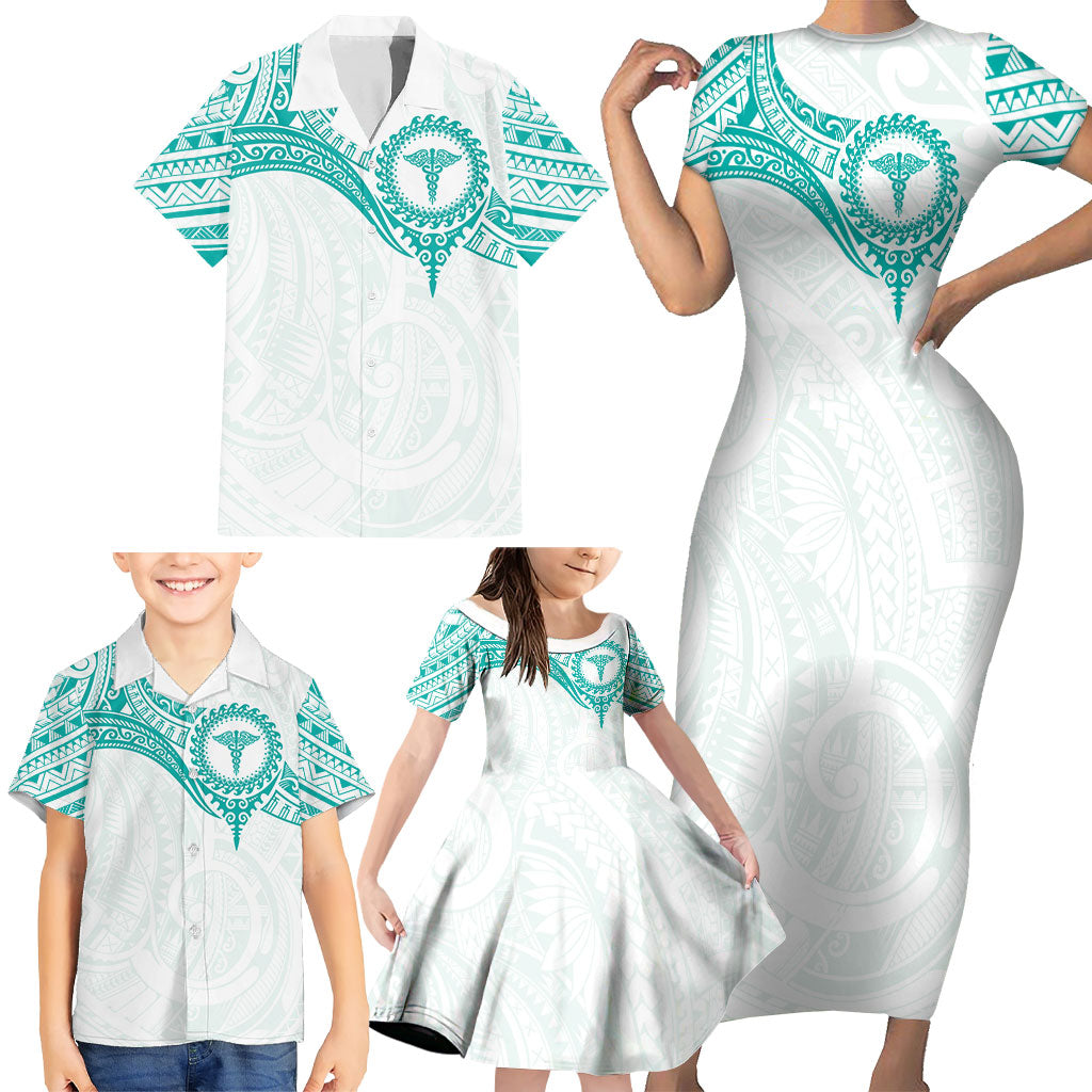 Personalised New Zealand Aotearoa Family Matching Short Sleeve Bodycon Dress and Hawaiian Shirt Nurse Tribal Teal Version LT05 - Polynesian Pride
