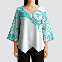 Personalised New Zealand Aotearoa Kimono Sleeve Blouse Nurse Tribal Teal Version