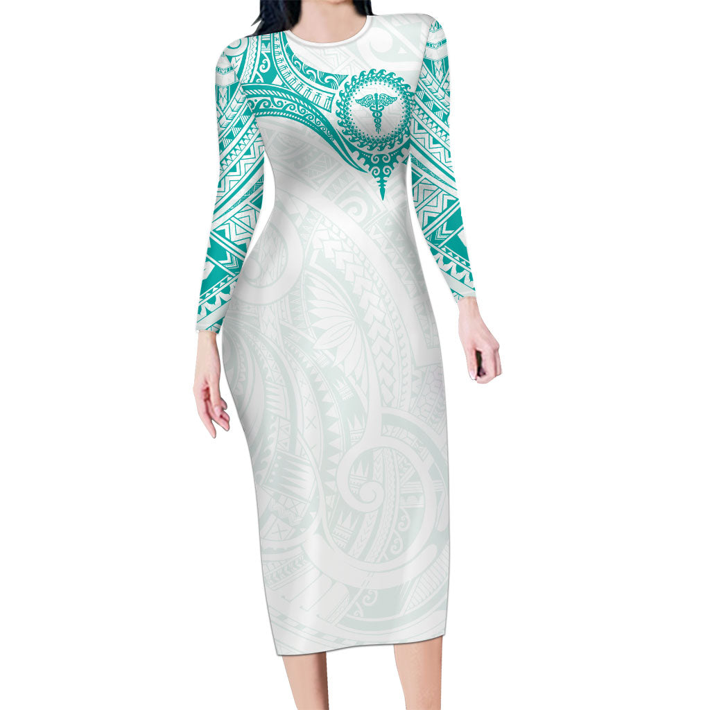 Personalised New Zealand Aotearoa Long Sleeve Bodycon Dress Nurse Tribal Teal Version LT05 Long Dress Teal - Polynesian Pride