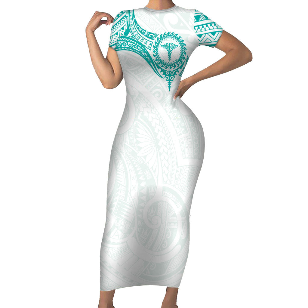 Personalised New Zealand Aotearoa Short Sleeve Bodycon Dress Nurse Tribal Teal Version LT05 Long Dress Teal - Polynesian Pride