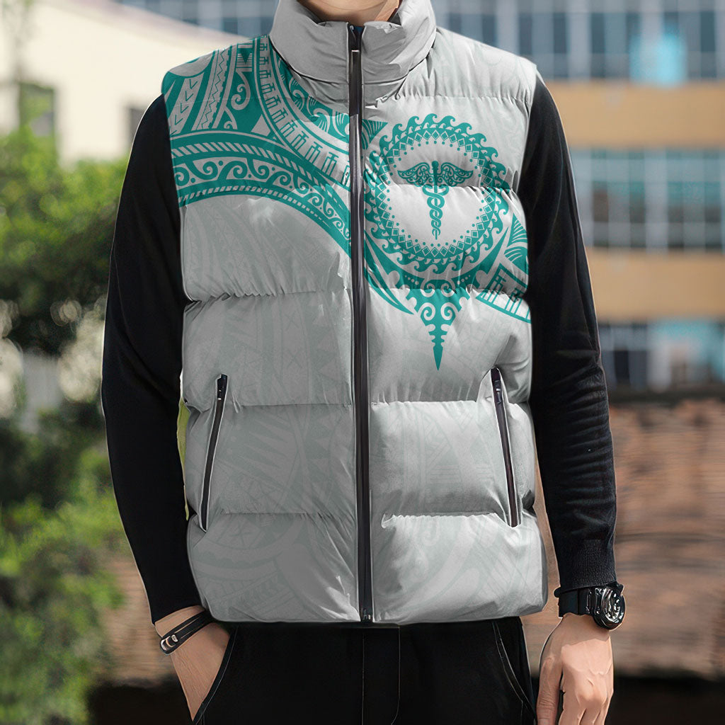 Personalised New Zealand Aotearoa Sleeveless Puffer Jacket Nurse Tribal Teal Version