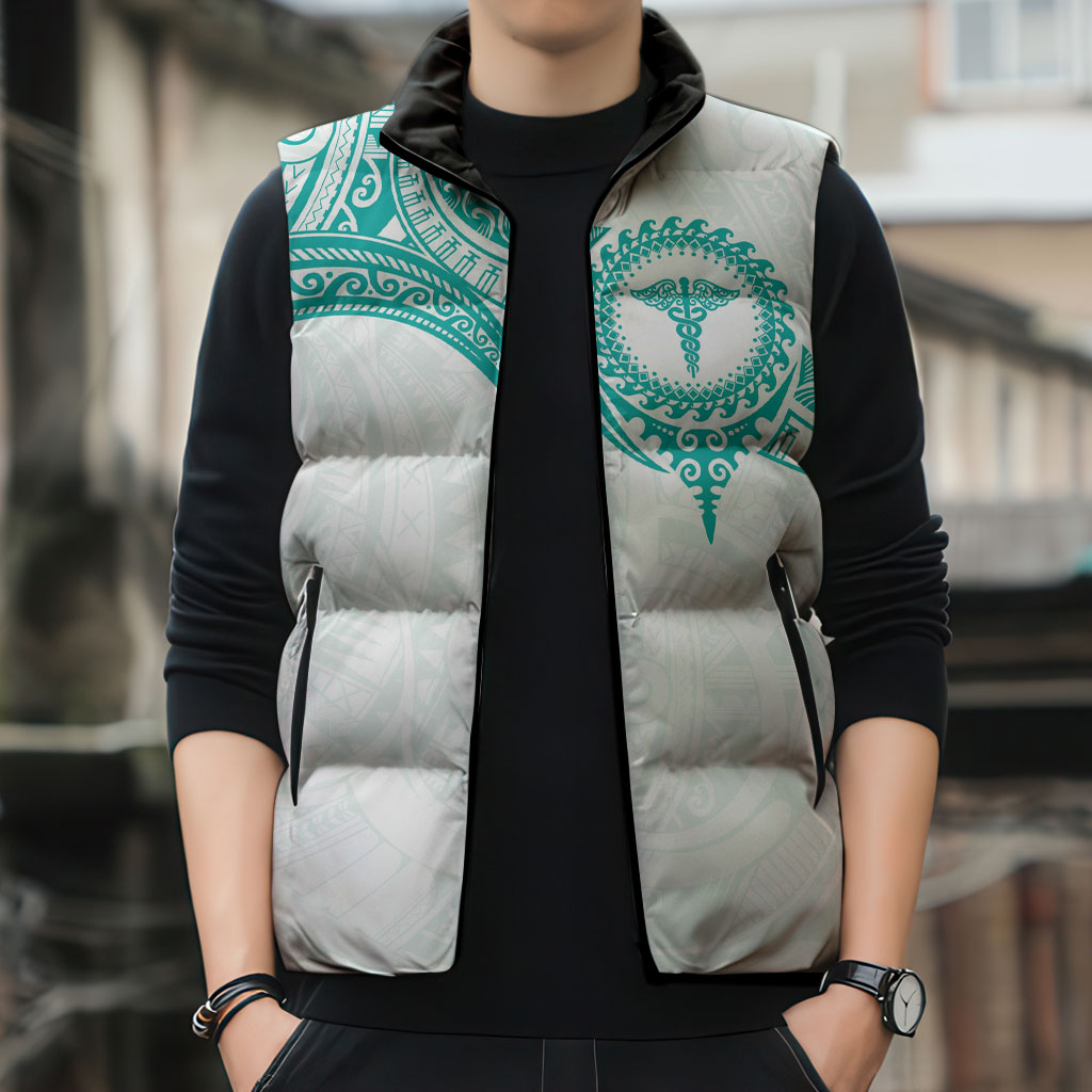 Personalised New Zealand Aotearoa Sleeveless Puffer Jacket Nurse Tribal Teal Version