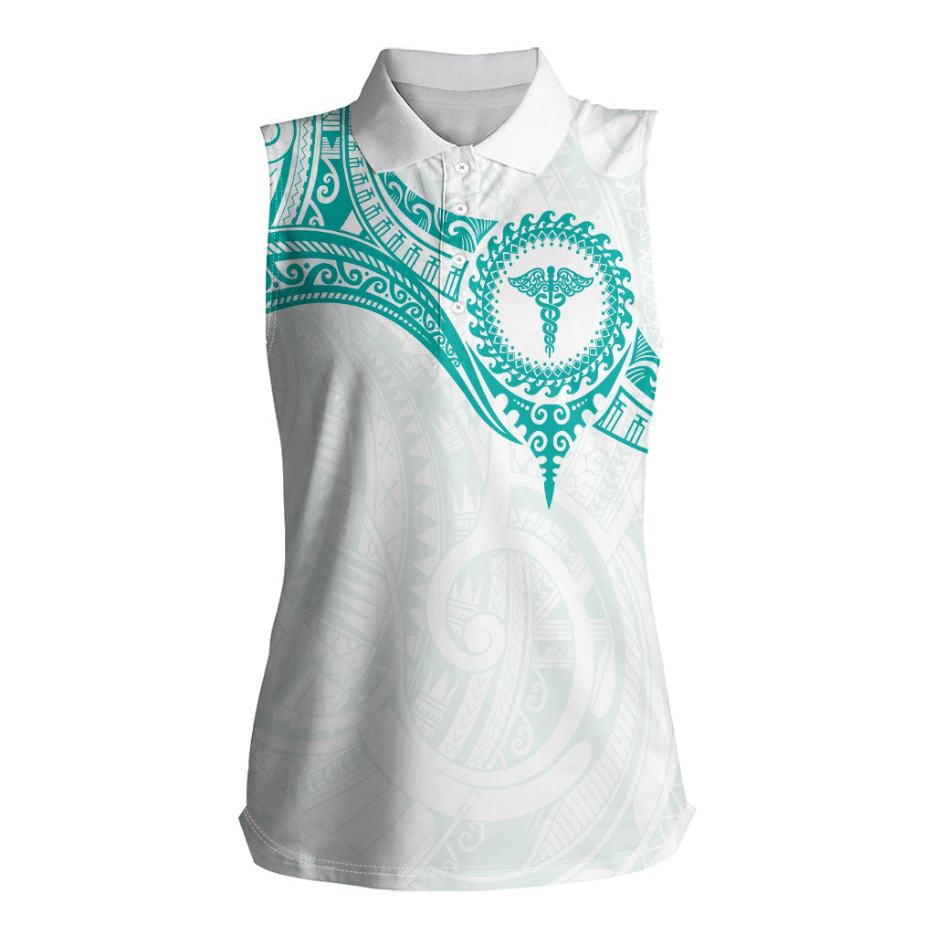 Personalised New Zealand Aotearoa Women Sleeveless Polo Shirt Nurse Tribal Teal Version LT05 Female Teal - Polynesian Pride