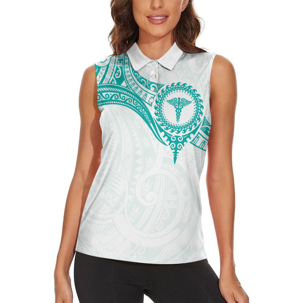 Personalised New Zealand Aotearoa Women Sleeveless Polo Shirt Nurse Tribal Teal Version LT05 - Polynesian Pride