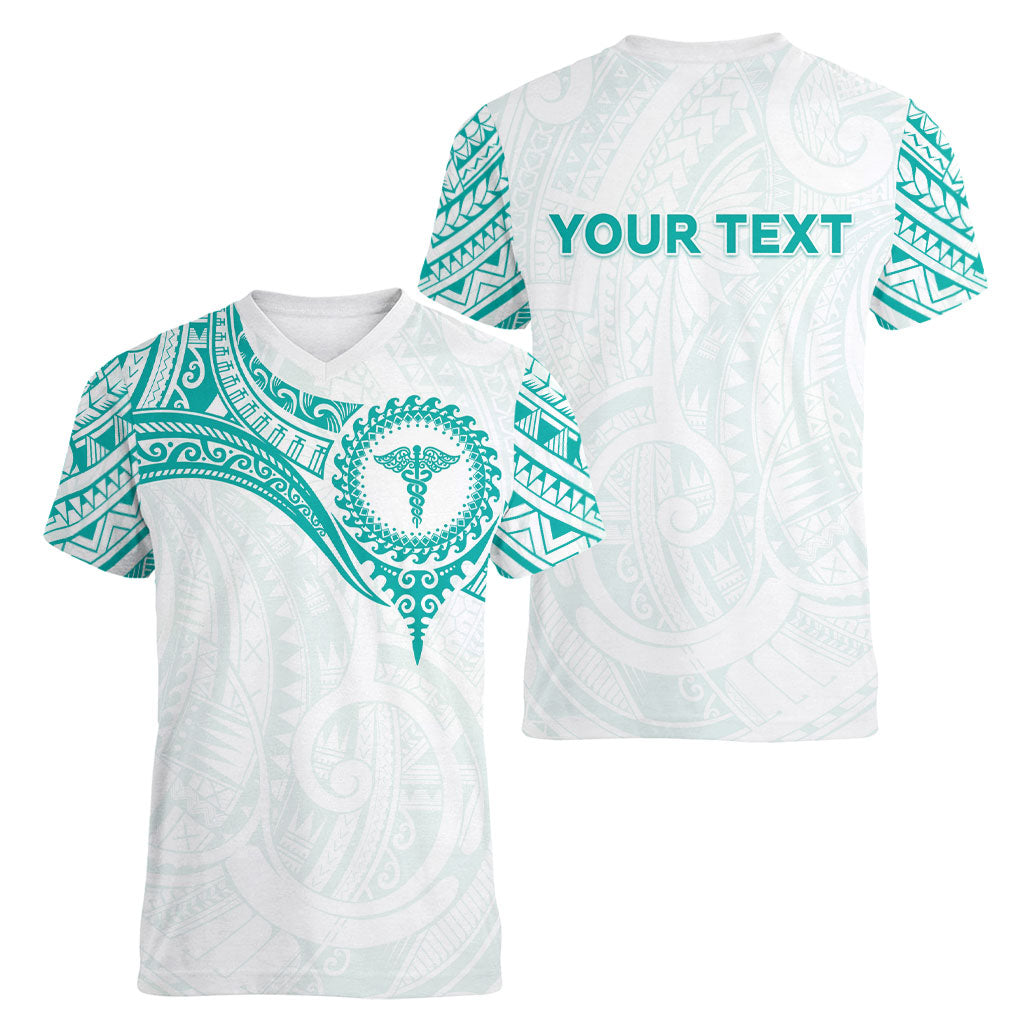 Personalised New Zealand Aotearoa Women V-Neck T-Shirt Nurse Tribal Teal Version LT05 - Polynesian Pride