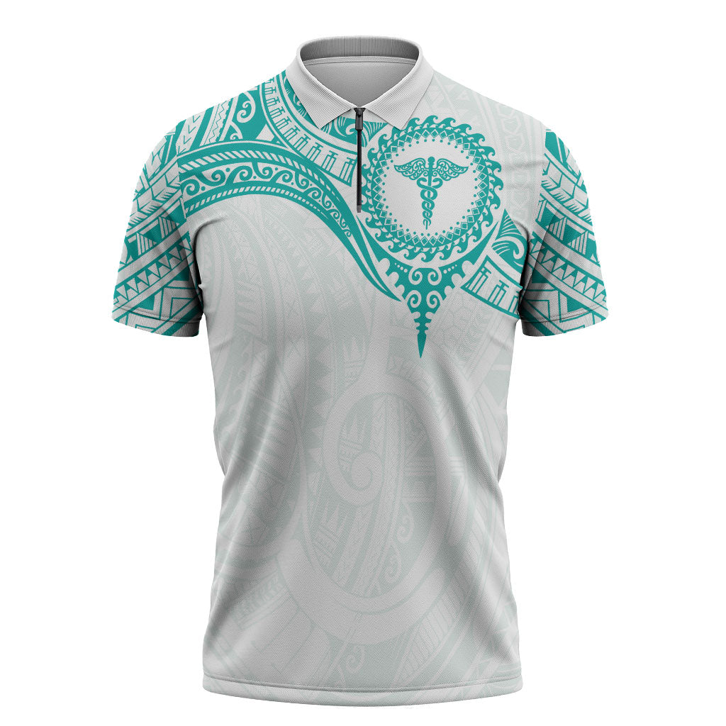 Personalised New Zealand Aotearoa Zipper Polo Shirt Nurse Tribal Teal Version