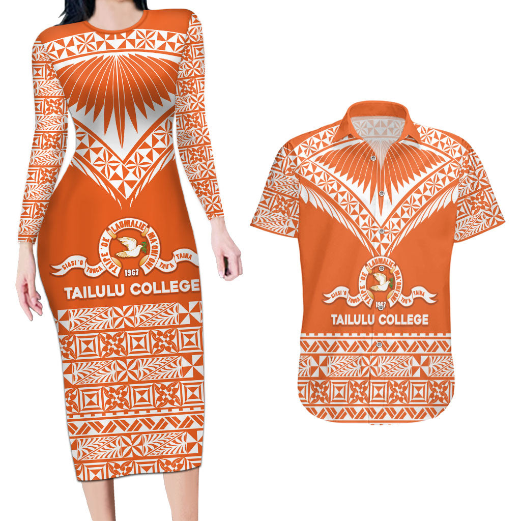 Personalised Tonga Tailulu College Couples Matching Long Sleeve Bodycon Dress and Hawaiian Shirt Tongan Kupesi Pattern LT05 Orange - Polynesian Pride