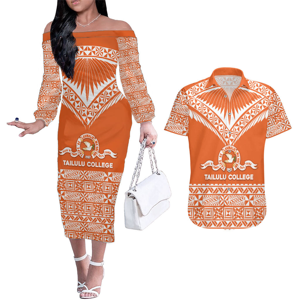 Personalised Tonga Tailulu College Couples Matching Off The Shoulder Long Sleeve Dress and Hawaiian Shirt Tongan Kupesi Pattern