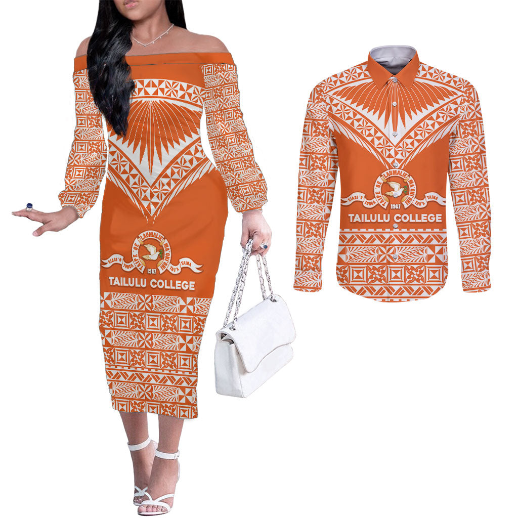 Personalised Tonga Tailulu College Couples Matching Off The Shoulder Long Sleeve Dress and Long Sleeve Button Shirt Tongan Kupesi Pattern