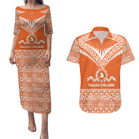 Personalised Tonga Tailulu College Couples Matching Puletasi and Hawaiian Shirt Tongan Kupesi Pattern LT05 Orange - Polynesian Pride