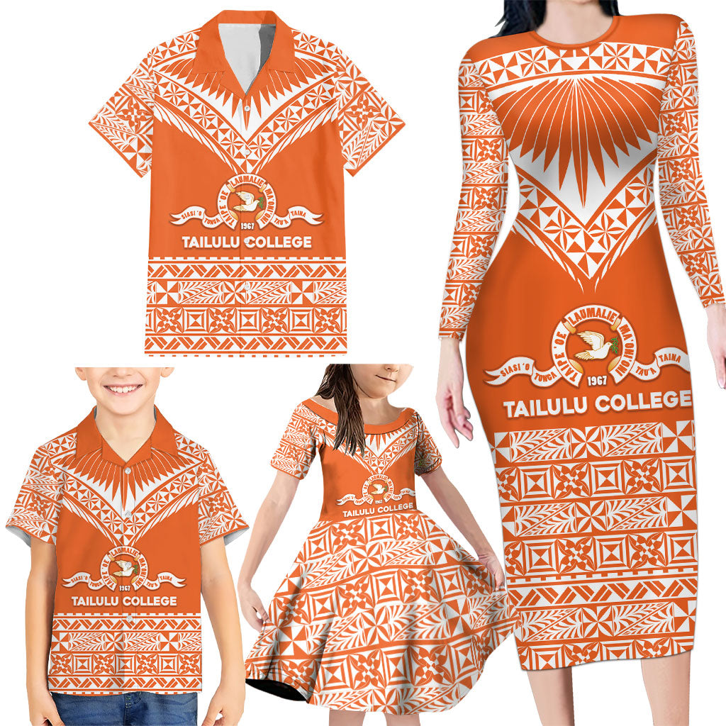 Personalised Tonga Tailulu College Family Matching Long Sleeve Bodycon Dress and Hawaiian Shirt Tongan Kupesi Pattern LT05 - Polynesian Pride