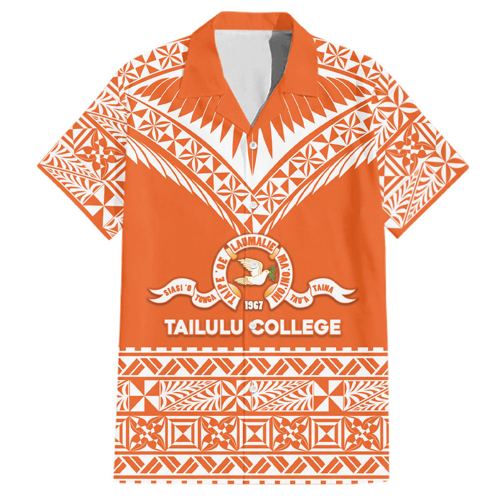 Personalised Tonga Tailulu College Family Matching Long Sleeve Bodycon Dress and Hawaiian Shirt Tongan Kupesi Pattern LT05 Dad's Shirt - Short Sleeve Orange - Polynesian Pride