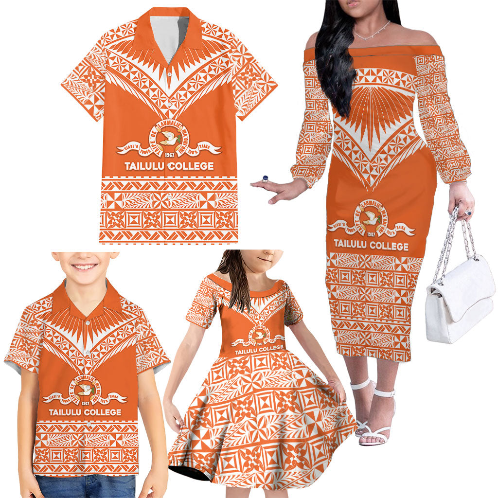 Personalised Tonga Tailulu College Family Matching Off The Shoulder Long Sleeve Dress and Hawaiian Shirt Tongan Kupesi Pattern LT05 - Polynesian Pride