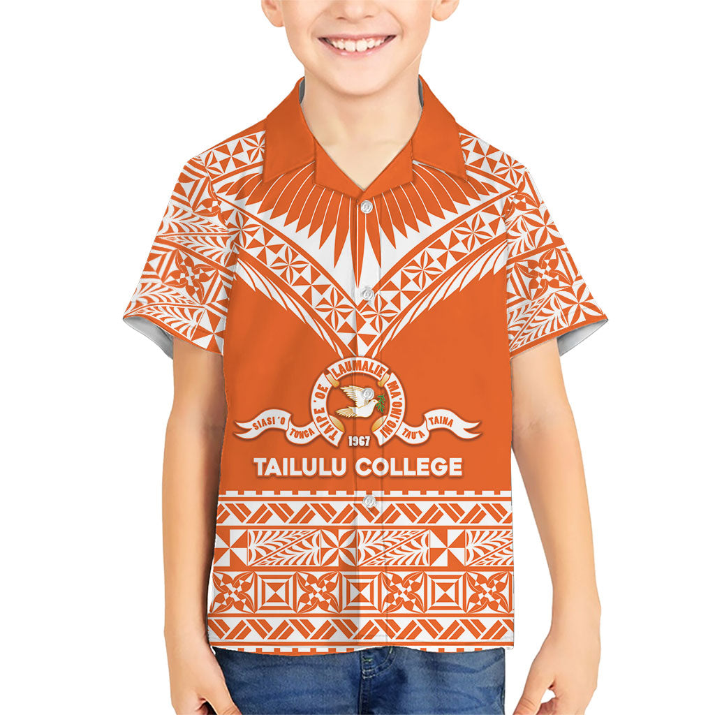 Personalised Tonga Tailulu College Family Matching Off The Shoulder Long Sleeve Dress and Hawaiian Shirt Tongan Kupesi Pattern LT05 Son's Shirt Orange - Polynesian Pride