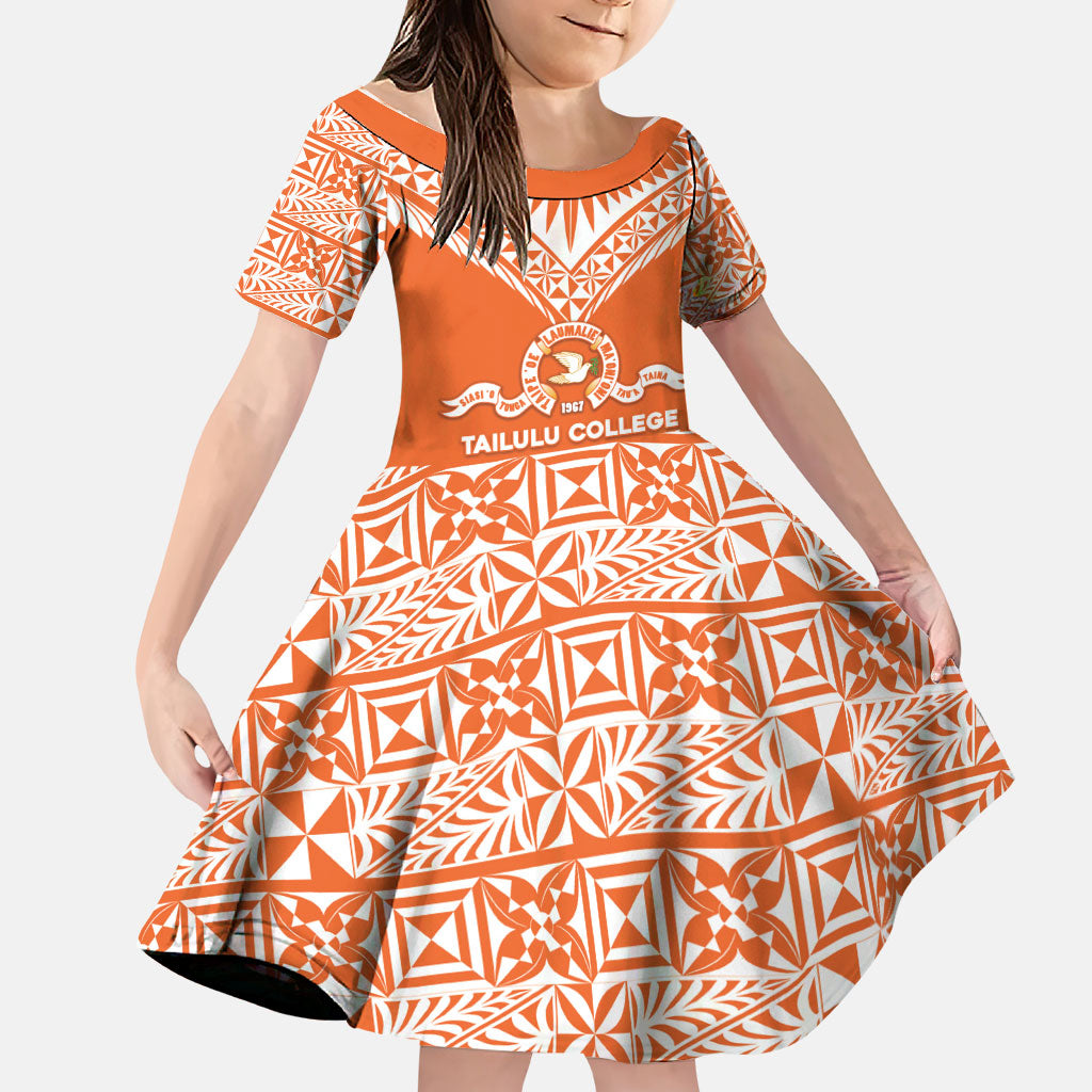 Personalised Tonga Tailulu College Family Matching Puletasi and Hawaiian Shirt Tongan Kupesi Pattern LT05 Daughter's Dress Orange - Polynesian Pride