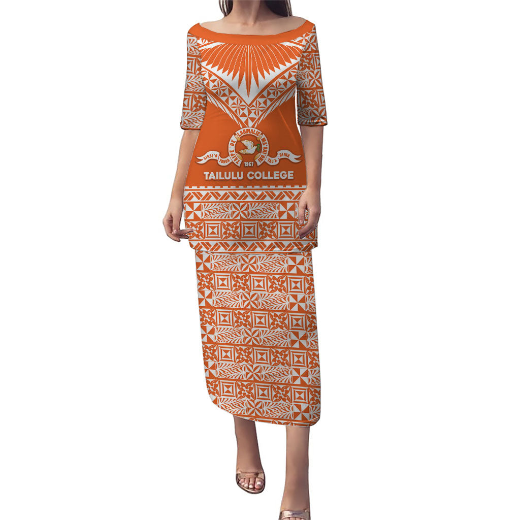 Personalised Tonga Tailulu College Family Matching Puletasi and Hawaiian Shirt Tongan Kupesi Pattern LT05 Mom's Dress Orange - Polynesian Pride