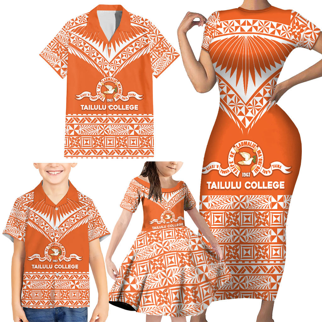 Personalised Tonga Tailulu College Family Matching Short Sleeve Bodycon Dress and Hawaiian Shirt Tongan Kupesi Pattern LT05 - Polynesian Pride