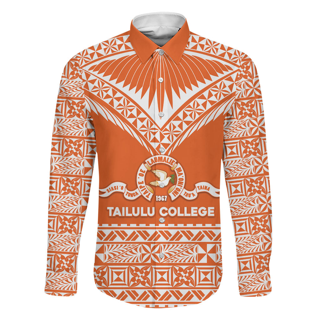 Personalised Tonga Tailulu College Family Matching Summer Maxi Dress and Hawaiian Shirt Tongan Kupesi Pattern LT05 Dad's Shirt - Long Sleeve Orange - Polynesian Pride