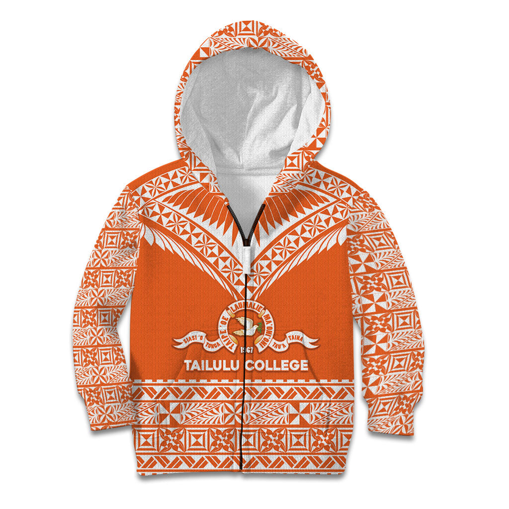 Personalised Tonga Tailulu College Kid Hoodie Tongan Kupesi Pattern LT05 Zip Hoodie Orange - Polynesian Pride