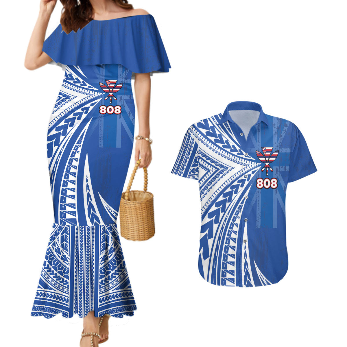 Personalised Hawaii 808 Couples Matching Mermaid Dress and Hawaiian Shirt Unique Style