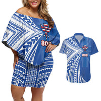 Personalised Hawaii 808 Couples Matching Off Shoulder Short Dress and Hawaiian Shirt Unique Style LT05 Blue - Polynesian Pride
