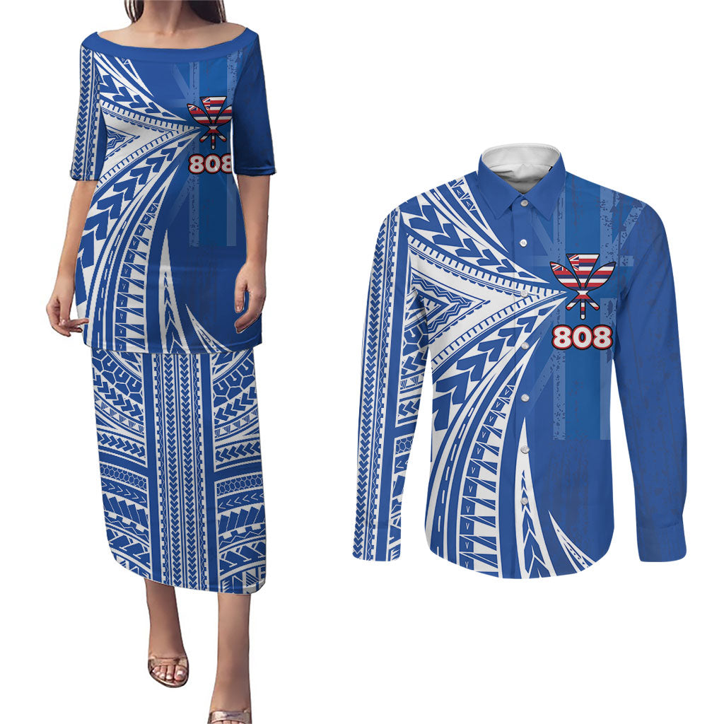 Personalised Hawaii 808 Couples Matching Puletasi and Long Sleeve Button Shirt Unique Style LT05 Blue - Polynesian Pride
