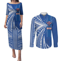 Personalised Hawaii 808 Couples Matching Puletasi and Long Sleeve Button Shirt Unique Style LT05 Blue - Polynesian Pride