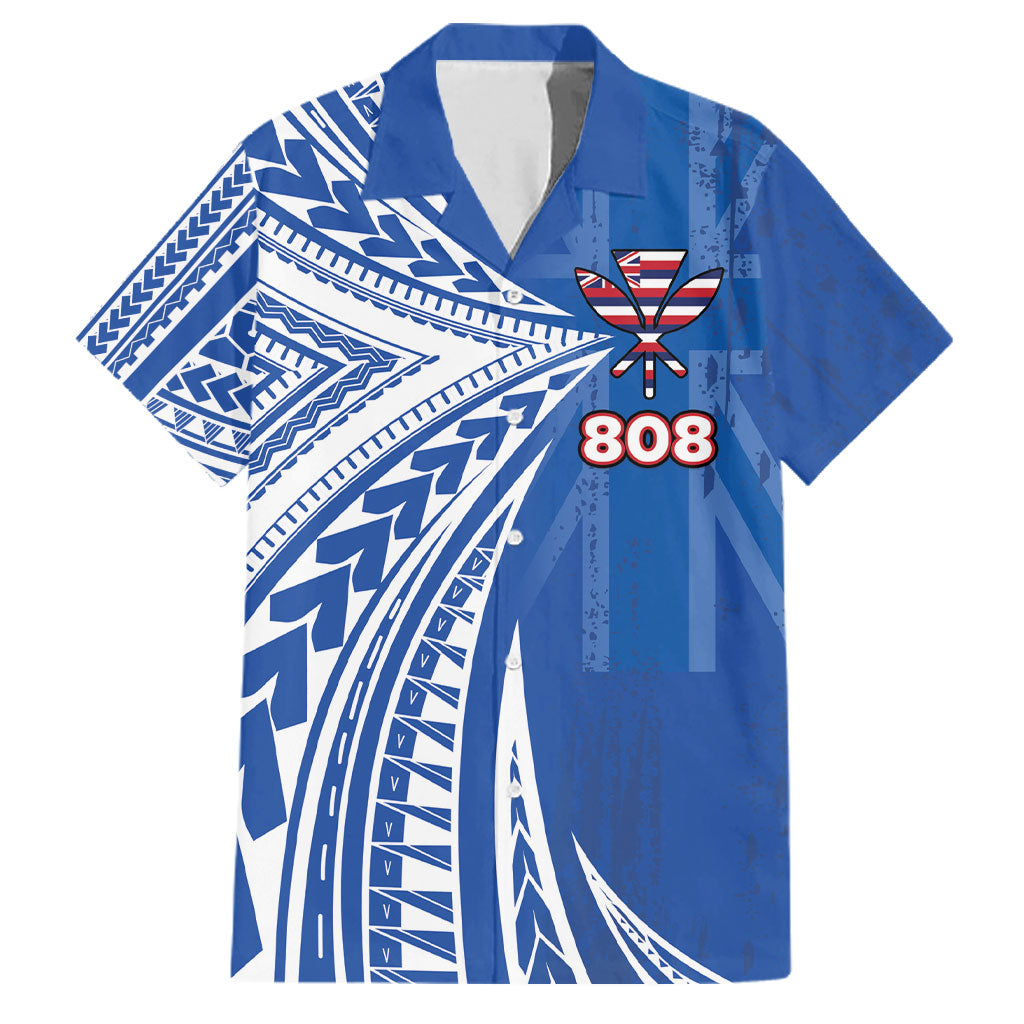 Personalised Hawaii 808 Family Matching Off Shoulder Short Dress and Hawaiian Shirt Unique Style LT05 Dad's Shirt - Short Sleeve Blue - Polynesian Pride
