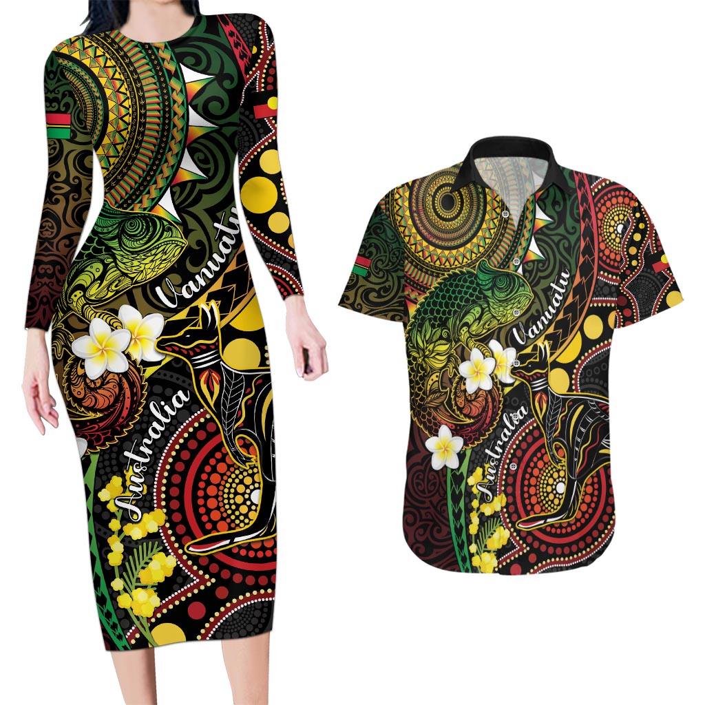 Vanuatu And Australia Aboriginal Couples Matching Long Sleeve Bodycon Dress and Hawaiian Shirt Iguana And Kangaroo Together LT05 Black - Polynesian Pride