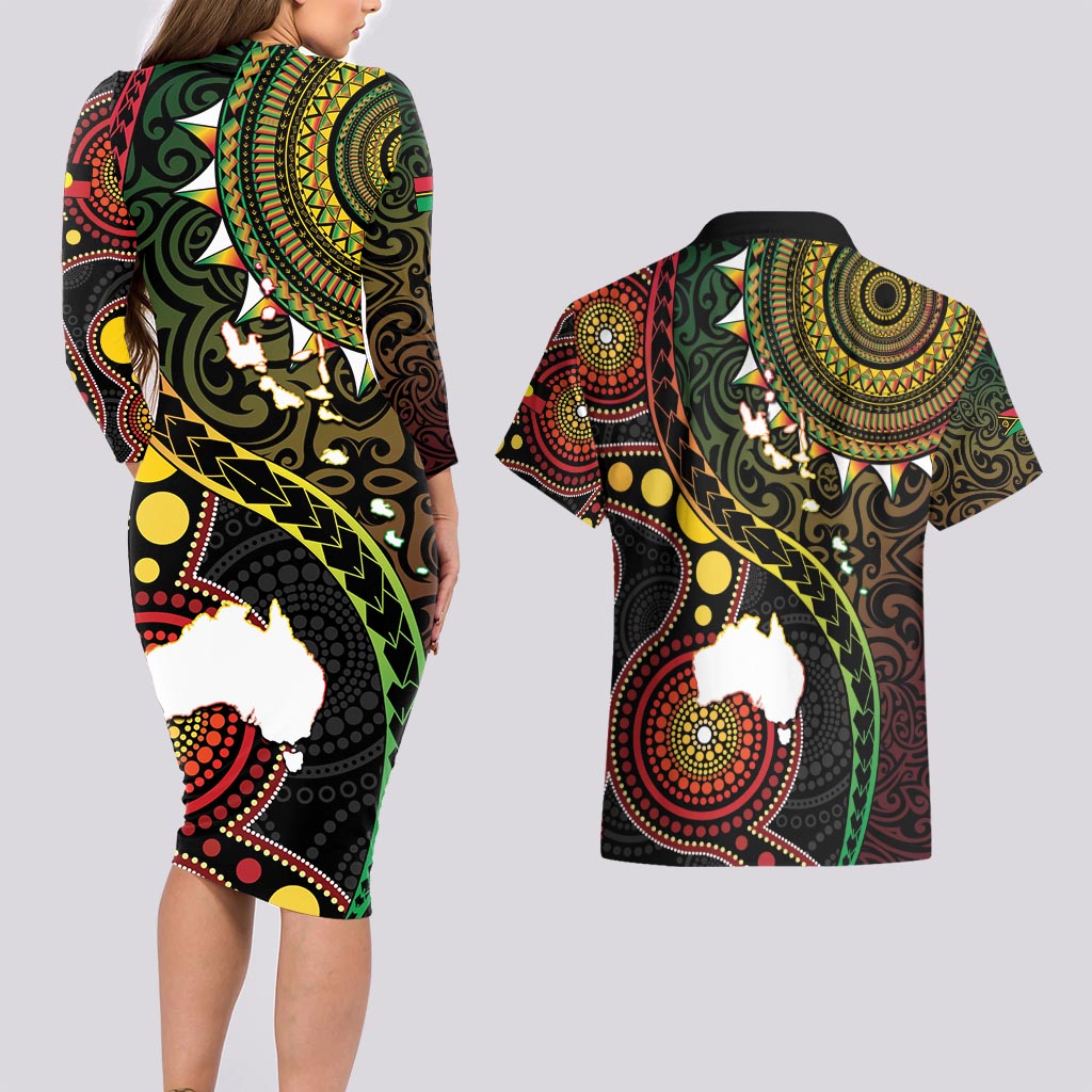 Vanuatu And Australia Aboriginal Couples Matching Long Sleeve Bodycon Dress and Hawaiian Shirt Iguana And Kangaroo Together LT05 - Polynesian Pride