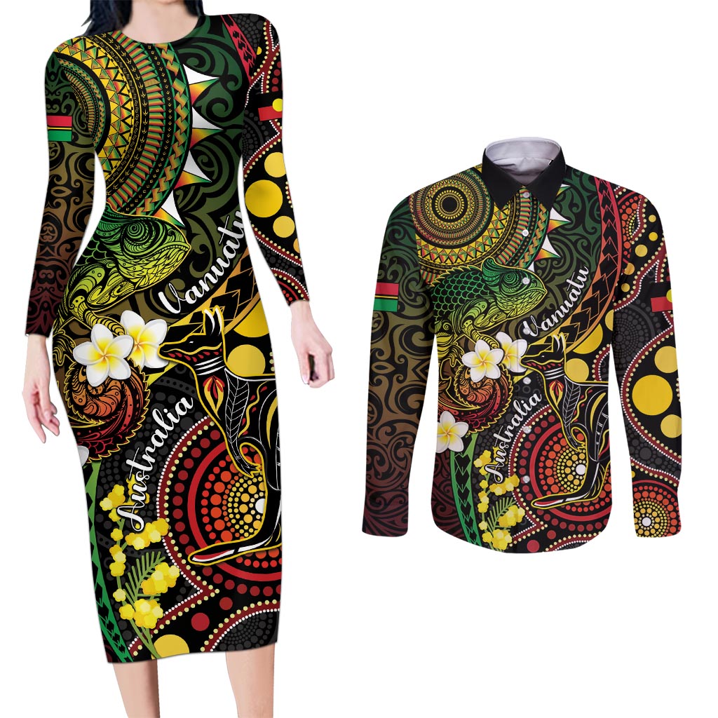 Vanuatu And Australia Aboriginal Couples Matching Long Sleeve Bodycon Dress and Long Sleeve Button Shirt Iguana And Kangaroo Together LT05 Black - Polynesian Pride