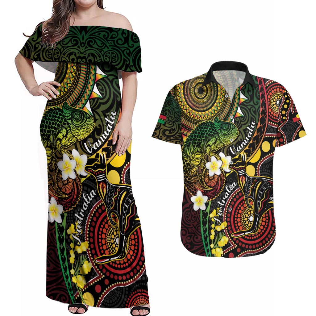 Vanuatu And Australia Aboriginal Couples Matching Off Shoulder Maxi Dress and Hawaiian Shirt Iguana And Kangaroo Together LT05 Black - Polynesian Pride