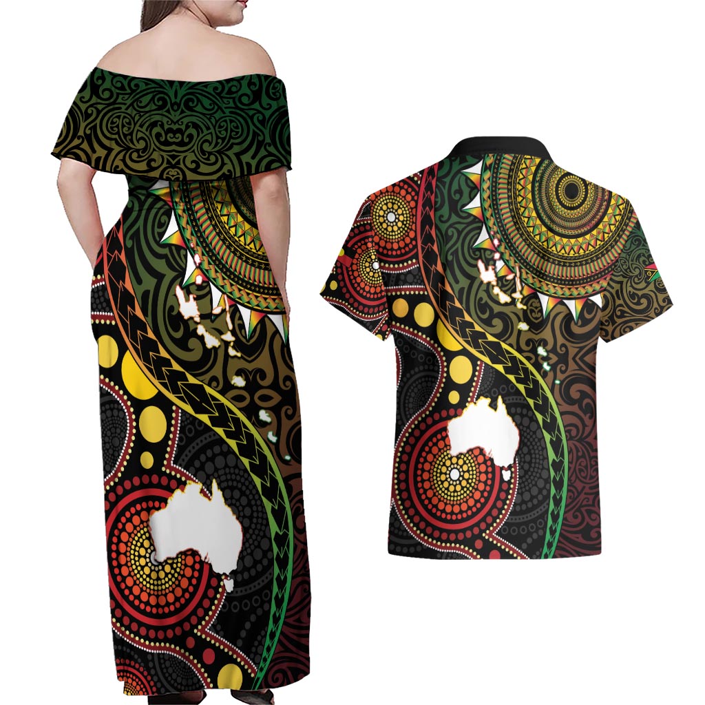 Vanuatu And Australia Aboriginal Couples Matching Off Shoulder Maxi Dress and Hawaiian Shirt Iguana And Kangaroo Together LT05 - Polynesian Pride