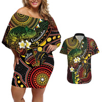 Vanuatu And Australia Aboriginal Couples Matching Off Shoulder Short Dress and Hawaiian Shirt Iguana And Kangaroo Together LT05 Black - Polynesian Pride