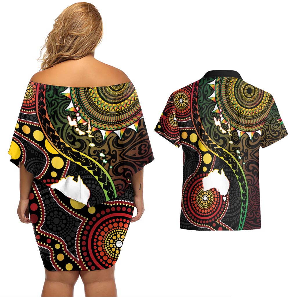 Vanuatu And Australia Aboriginal Couples Matching Off Shoulder Short Dress and Hawaiian Shirt Iguana And Kangaroo Together LT05 - Polynesian Pride