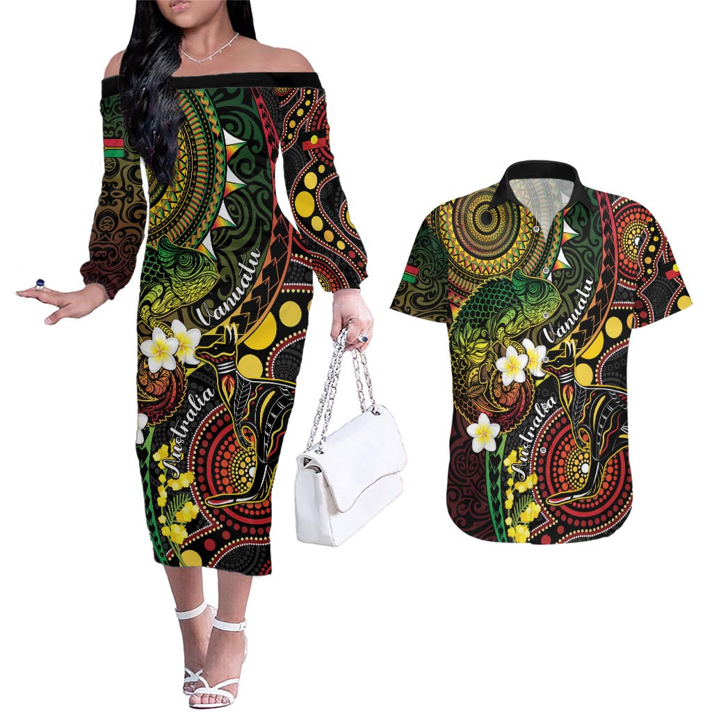 Vanuatu And Australia Aboriginal Couples Matching Off The Shoulder Long Sleeve Dress and Hawaiian Shirt Iguana And Kangaroo Together LT05 Black - Polynesian Pride