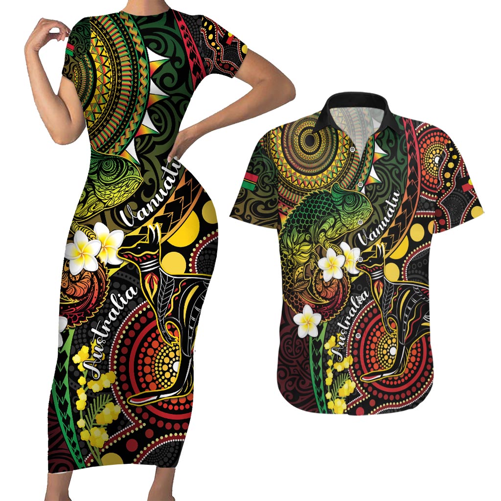 Vanuatu And Australia Aboriginal Couples Matching Short Sleeve Bodycon Dress and Hawaiian Shirt Iguana And Kangaroo Together LT05 Black - Polynesian Pride