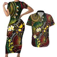 Vanuatu And Australia Aboriginal Couples Matching Short Sleeve Bodycon Dress and Hawaiian Shirt Iguana And Kangaroo Together LT05 Black - Polynesian Pride
