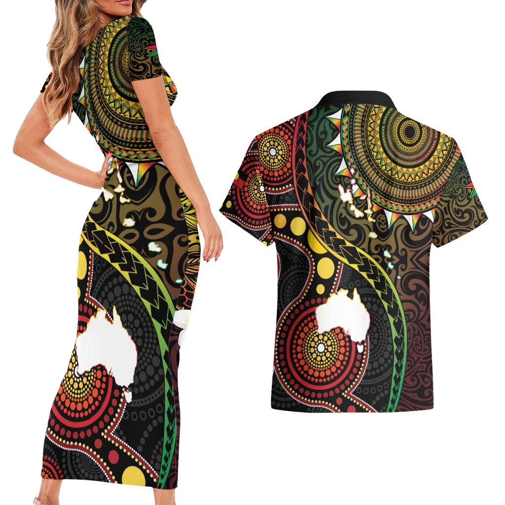 Vanuatu And Australia Aboriginal Couples Matching Short Sleeve Bodycon Dress and Hawaiian Shirt Iguana And Kangaroo Together LT05 - Polynesian Pride