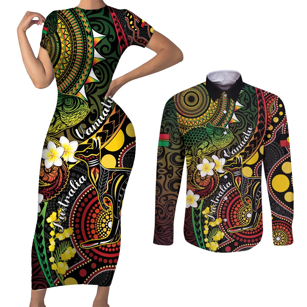 Vanuatu And Australia Aboriginal Couples Matching Short Sleeve Bodycon Dress and Long Sleeve Button Shirt Iguana And Kangaroo Together LT05 Black - Polynesian Pride