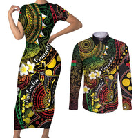 Vanuatu And Australia Aboriginal Couples Matching Short Sleeve Bodycon Dress and Long Sleeve Button Shirt Iguana And Kangaroo Together LT05 Black - Polynesian Pride