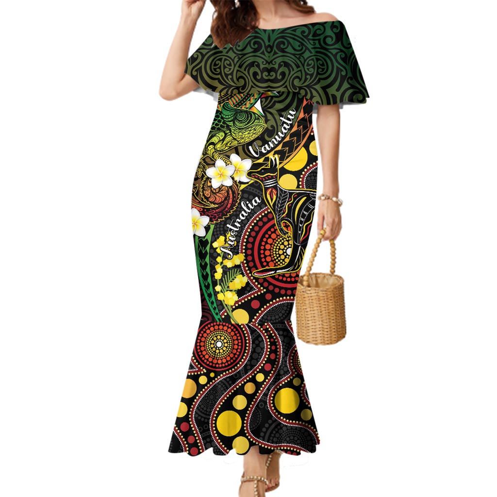 Vanuatu And Australia Aboriginal Family Matching Mermaid Dress and Hawaiian Shirt Iguana And Kangaroo Together LT05 Mom's Dress Black - Polynesian Pride