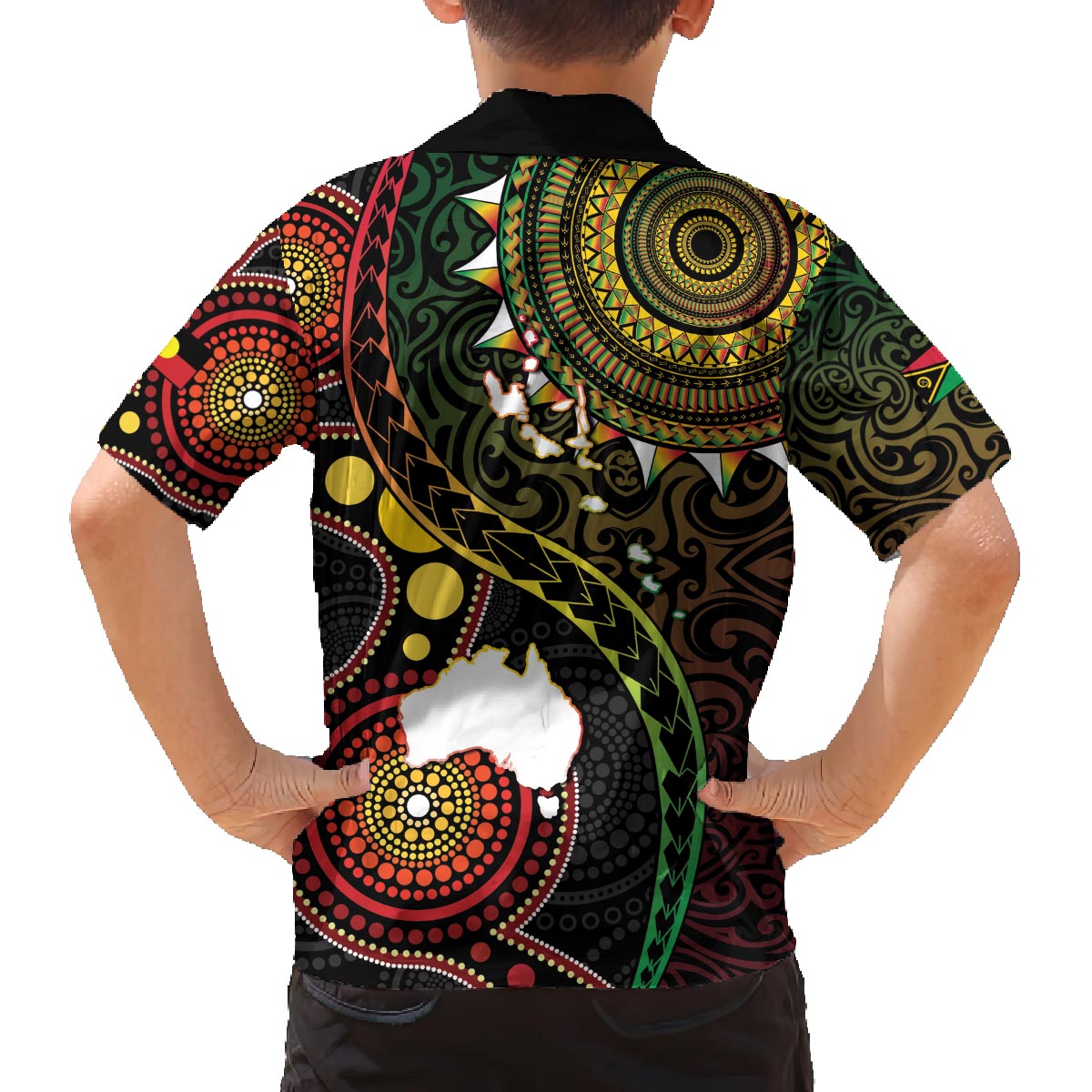 Vanuatu And Australia Aboriginal Family Matching Off The Shoulder Long Sleeve Dress and Hawaiian Shirt Iguana And Kangaroo Together LT05 - Polynesian Pride