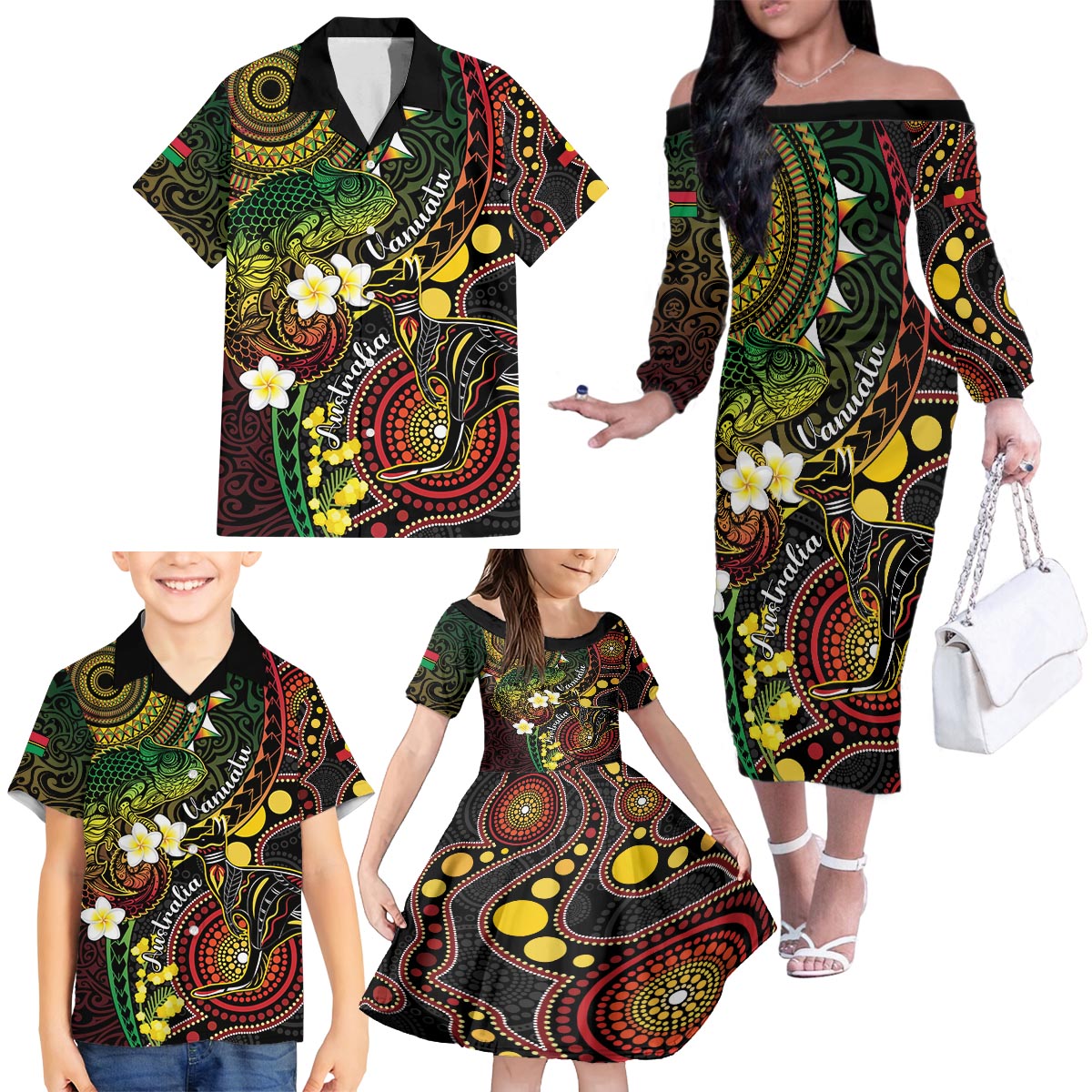 Vanuatu And Australia Aboriginal Family Matching Off The Shoulder Long Sleeve Dress and Hawaiian Shirt Iguana And Kangaroo Together LT05 - Polynesian Pride