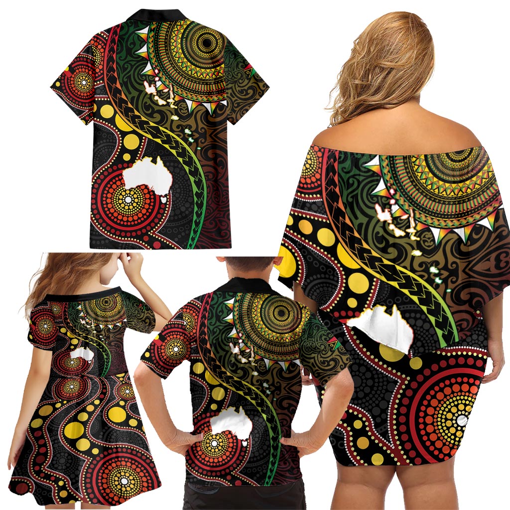 Vanuatu And Australia Aboriginal Family Matching Off Shoulder Short Dress and Hawaiian Shirt Iguana And Kangaroo Together LT05 - Polynesian Pride